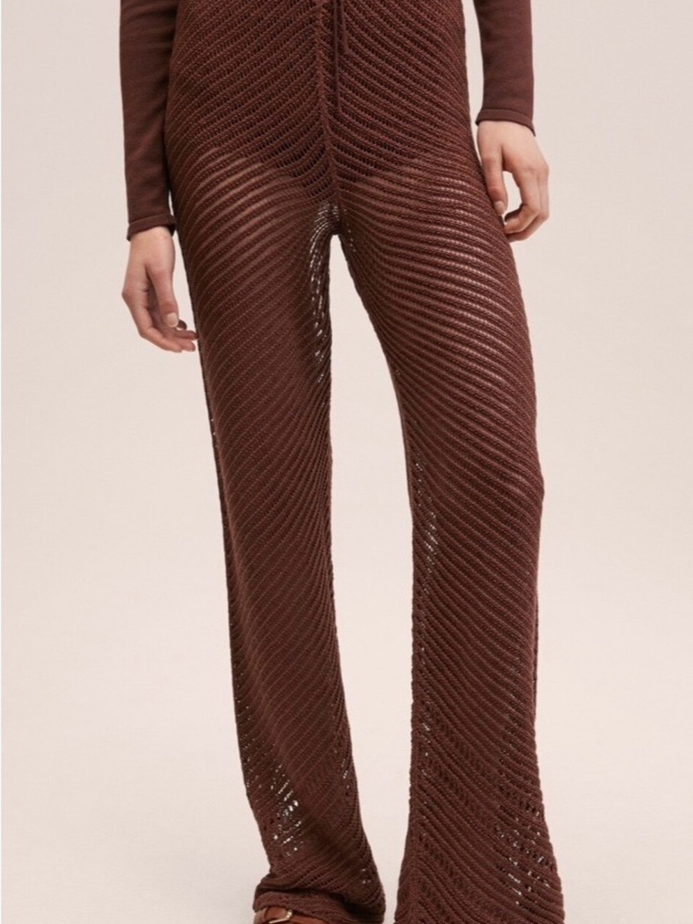 Mango Open-Knit Wide-Leg Pants in Chocolate Brown